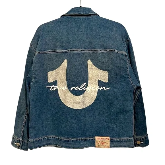 True Religion Oversized Glitter Denim Jacket Size: Medium - Picture 3 of 10